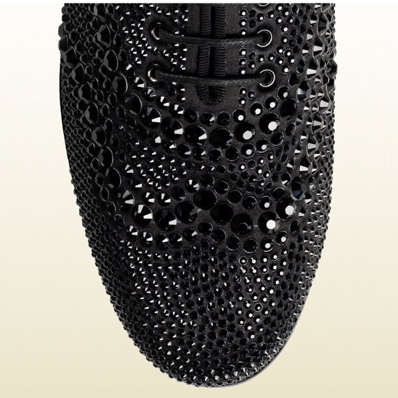 GUCCI SHOES BLACK LACE-UP LOAFERS SATIN WITH BLACK CRYSTALS sz 36.5 6.5 - Picture 3 of 12